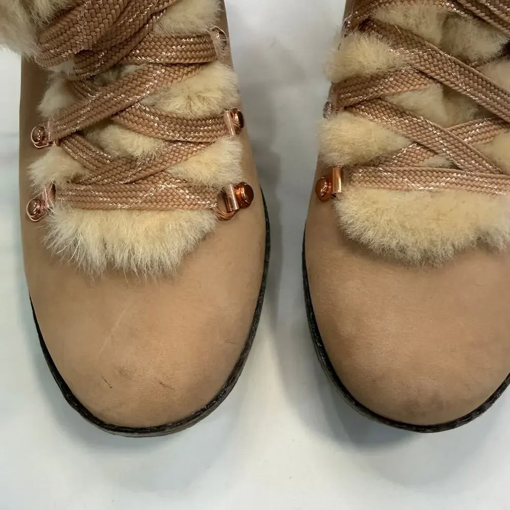 J.Crew Nordic Shearling Wedge Boots Size 9 Nubuck Leather Fur Lined Après Ski